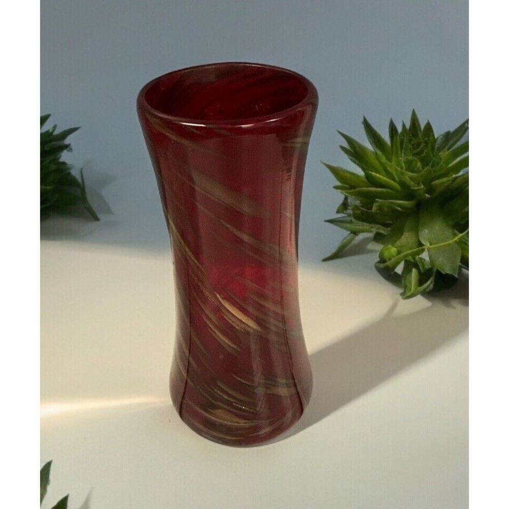 Vintage Hand Blown Art Red Gold Aventurine Murano Style Glass 6.5” Vase